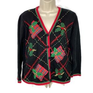 Basic Edition Vintage Holiday Cardigan Sweater Embroidered Mistletoe Medium